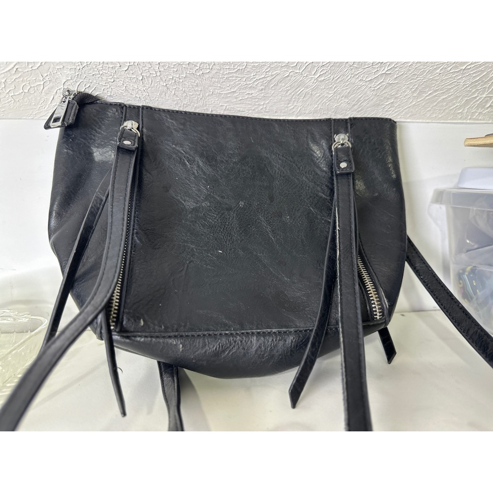Miztique Black non Leather Crossbody Bag Tassel Zipper Accents Striped Lining